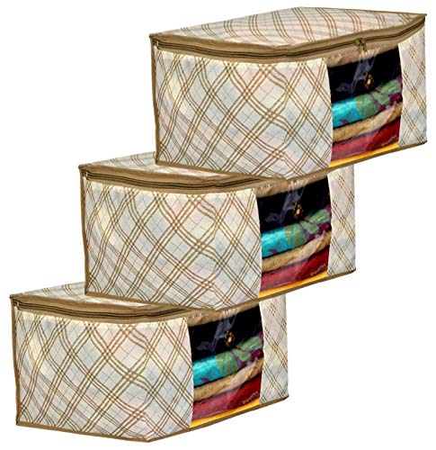 Amazon Brand – Solimo Metalic 3 Piece Non Woven Fabric Clothes, Saree Cover Bags Set With Transparent Window, Extra Large, Checkered-Ivory