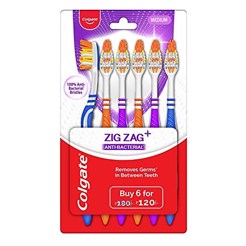 Colgate ZigZag Manual Toothbrush for adults, Pack of 6 Medium Multicolour Soft Tooth brush, Antibacterial with Compact Brush Head for Deep & Complete Cleansing